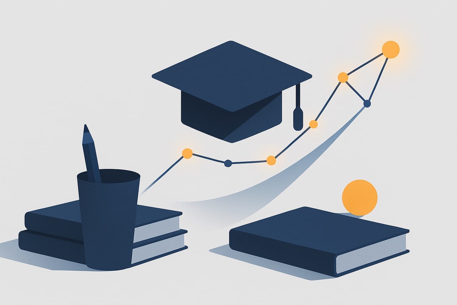 Illustration of a graduation cap, books and an upward progress graph
